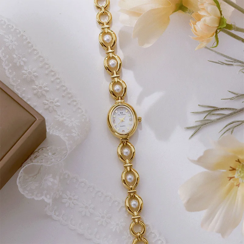 Elegant Classic Women's Watches High End Temperament Exquisite Gold Pearl Bracelet White Oval Dial Quartz Wristwatch Clock Gift