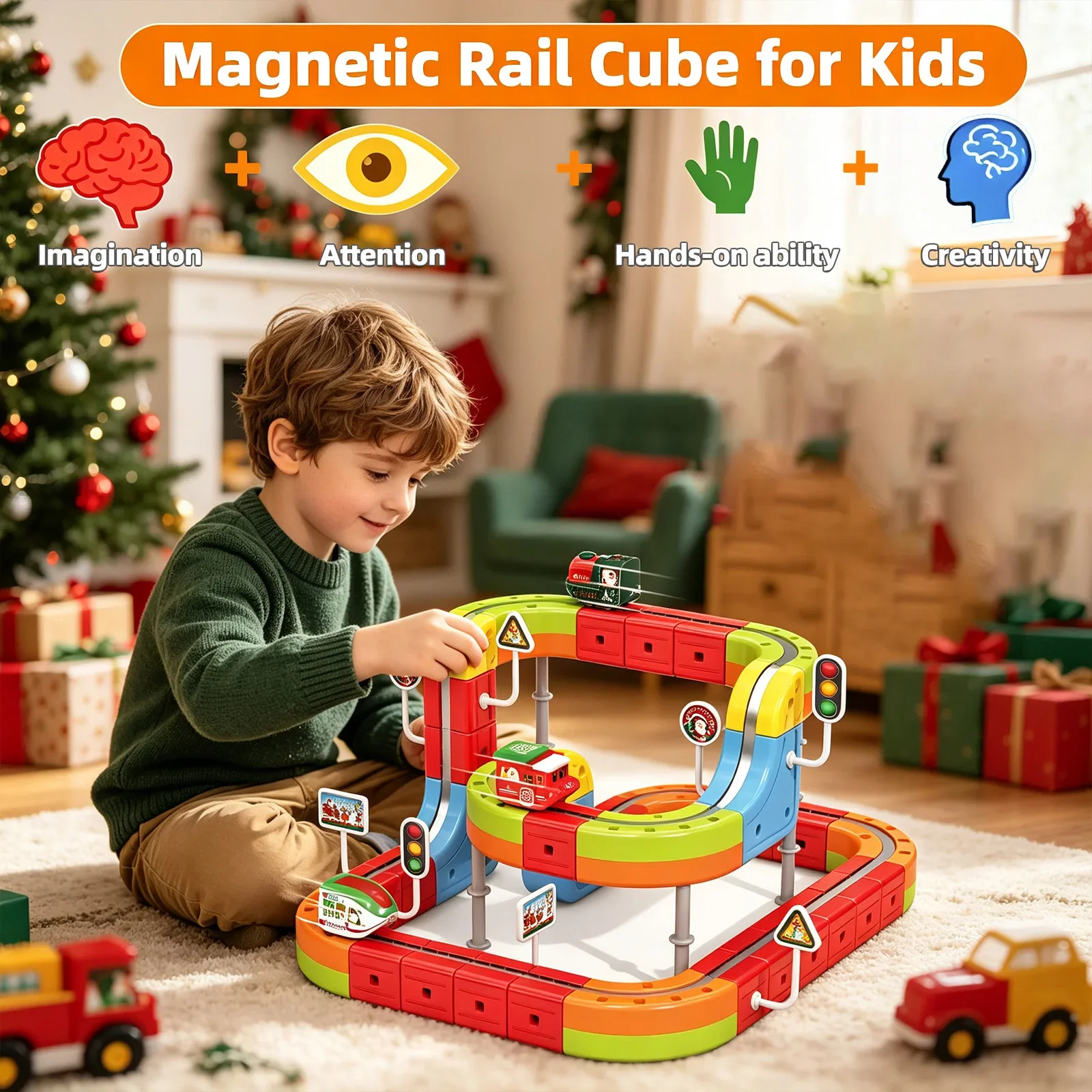 Christmas Theme DIY Anti Gravity Magnetic Track Car Set Building Block Rail Toys Kids Educational Assembly Gift for Boys Girls