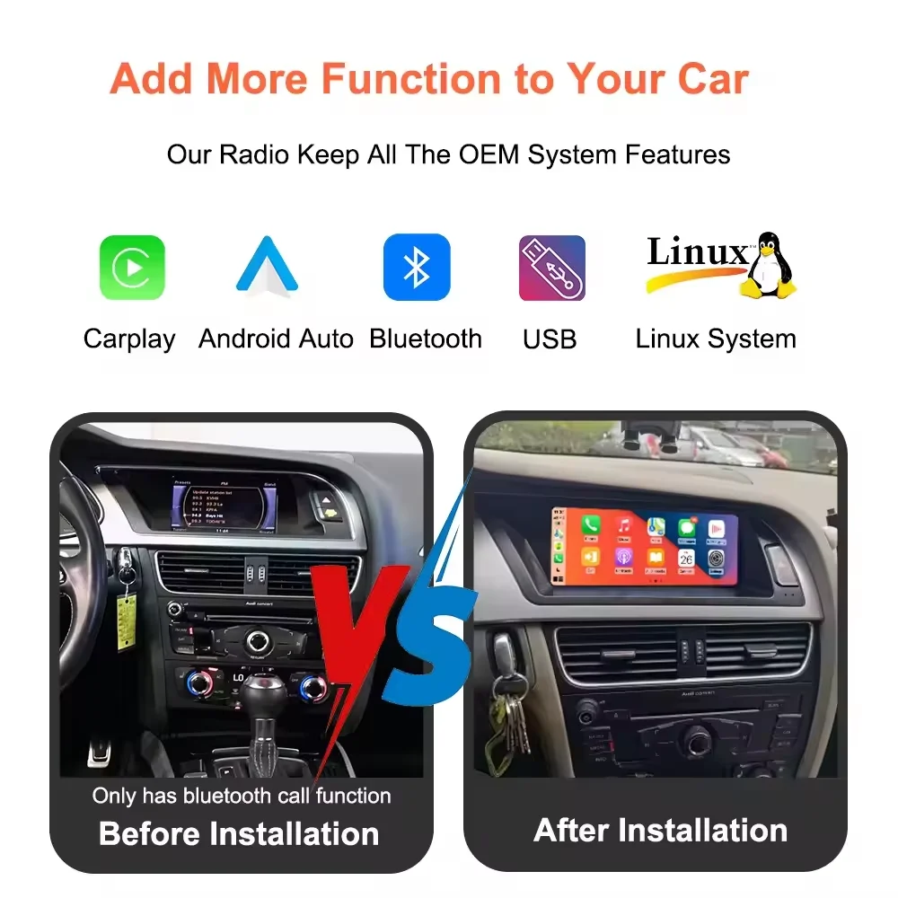 Radio para Auto con CarPlay Inalámbrico y Android Auto, Sistema Linux, Pantalla Táctil de 8.8 Pulgadas, Bluetooth, Mirror Link, Multimedia, Estéreo, para Audi A4 A4L B8 2013 2014 2015 2016 2