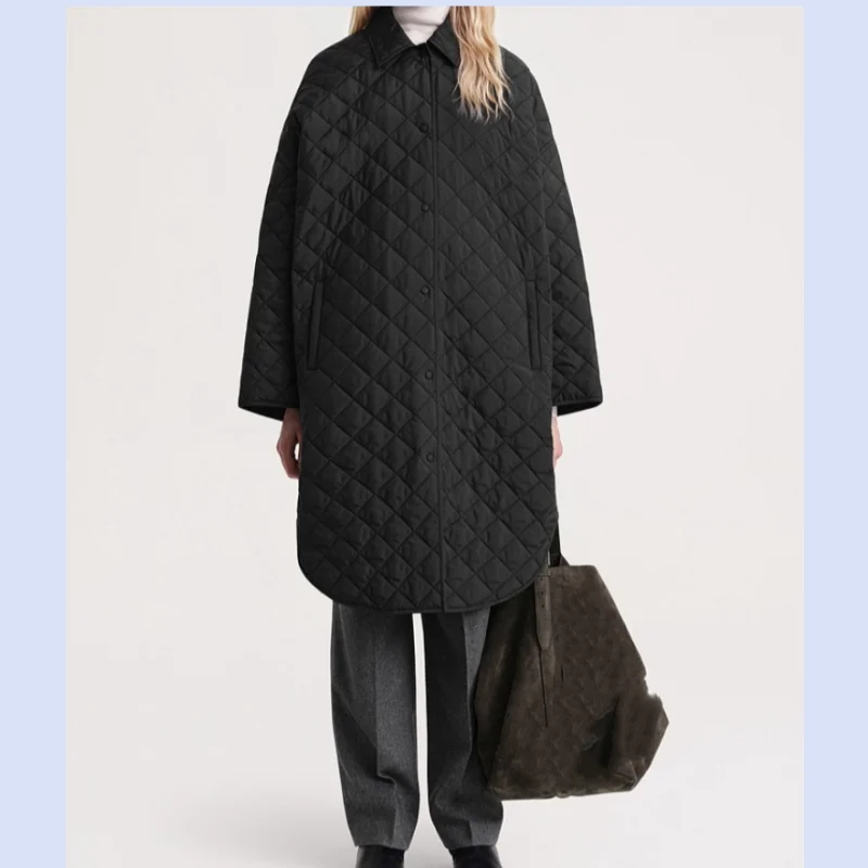 

25-летняя осенне-зимняя домашняя свободная хлопковая куртка средней длины в форме кокона в новом стиле с ромбовидной сеткой