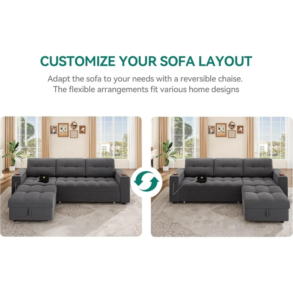 Sofa Tidur, Tempat Tidur Sofa Berbentuk L dengan Kursi Penyimpanan & USB, Tempat Tidur Sofa Reversibel dengan Tempat Tidur Tarik, Sofa Konvertibel Kain 4 Dudukan