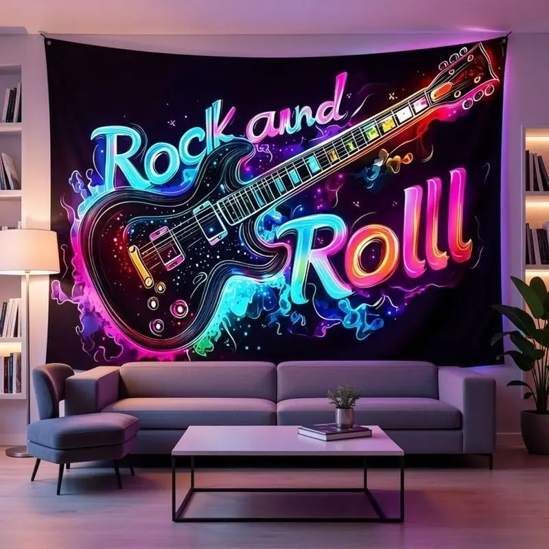 VIKAMA Neon Rock Guitar Tapestry Rock And Roll Music Polyester Wall Hanging Bedroom Dorm Living Room Festive Decor Soft Durable