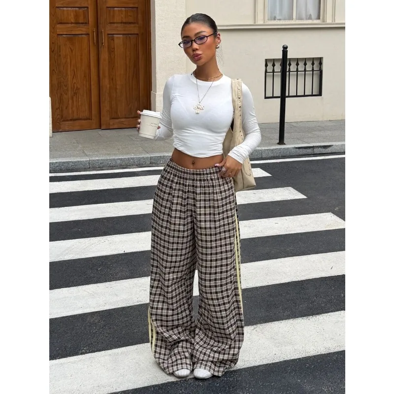New Casual Pants, Women's Yoga Pants, Breathable Hanging Straight Leg Sports Pants, Striped Checkered Printed Streetwear