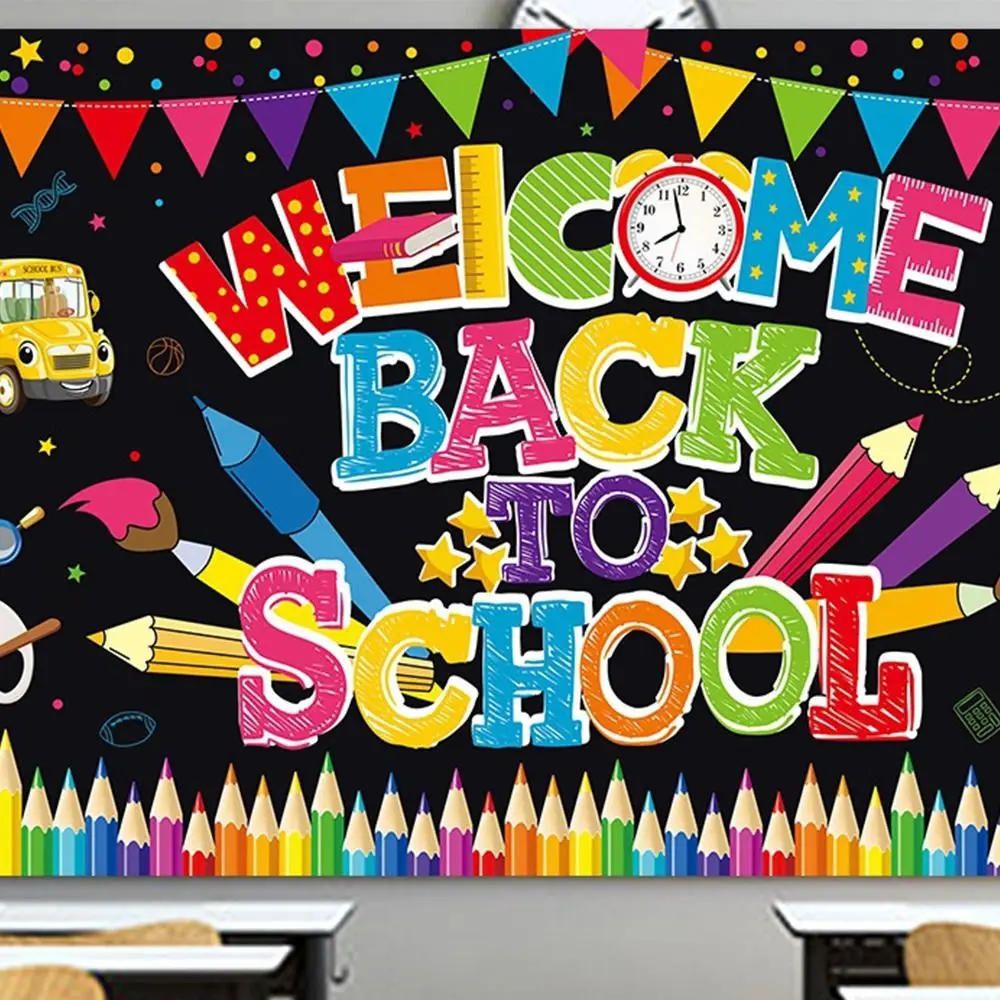 Bannière de retour à l'école pliante de dessin animé, toile de fond de bienvenue festive, décorations de confrontation scolaire, décor de fête d'anniversaire pour enfants
