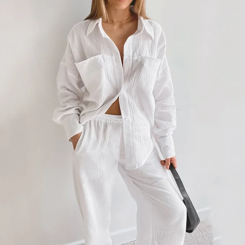 

Autumn New Double Crepe Lapel French Loose Comfortable Long Sleeve Pajamas Women's Loungewear Set