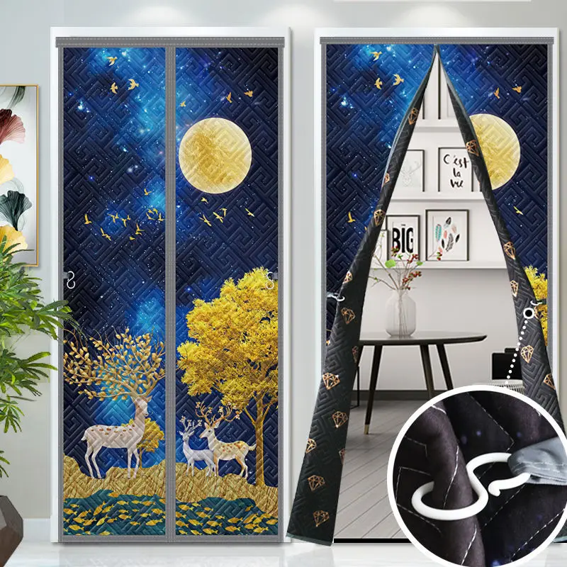 Magnetic Heat Insulation Keep Warm Windproof Screen Partition Hoop and Loop Door Curtain Luxury Print Winter Door Curtain