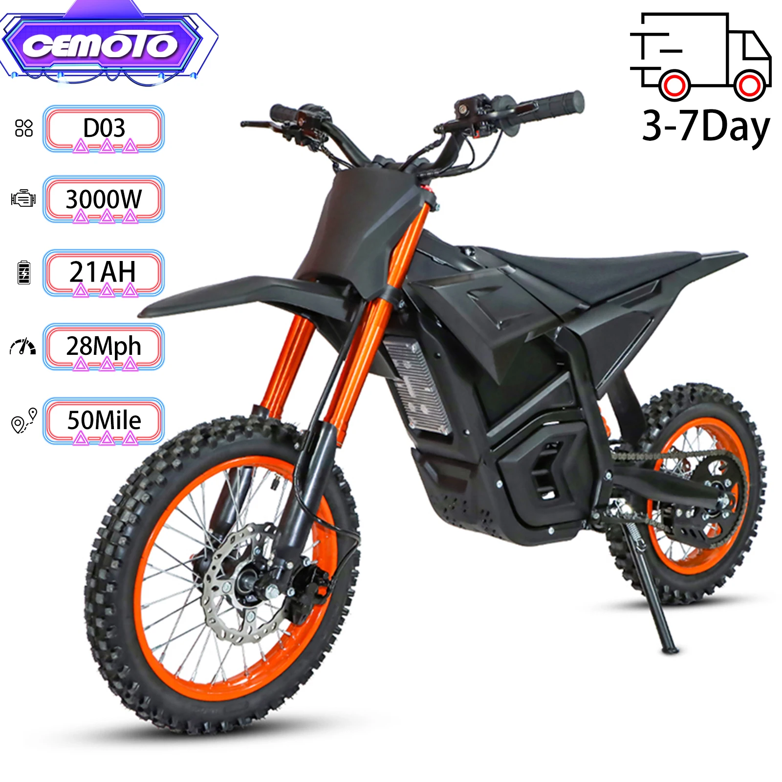 

14-дюймовый электрический внедорожный мотоцикл, 3000 Вт, 28 миль в час, 50 миль, вездеходный электрический мотоцикл, 48 В, 21 Ач, новинка 2023 года