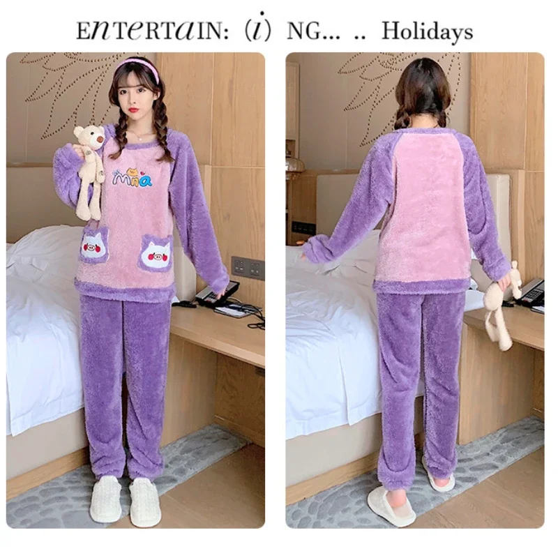 Женские зимние пижамы больших размеров 100 кг, пуловер из кораллового флиса с милым рисунком, брюки, мягкая фланелевая домашняя одежда, которую можно носить на улице