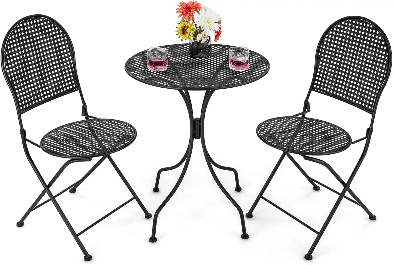 

3 Pieces Patio Bistro Set, Outdoor Dining Table Set for 2, 1 Round Table with 2 Folding Chairs, Rust-Resistant for Backyard, Pat