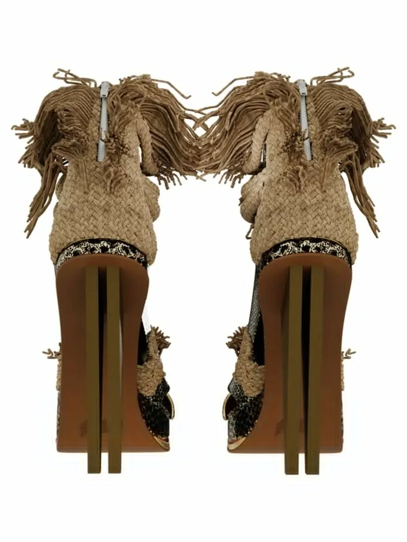 Sandálias femininas retrô com corda de cânhamo vazada, decorativas, bico redondo, salto cônico, tira no tornozelo