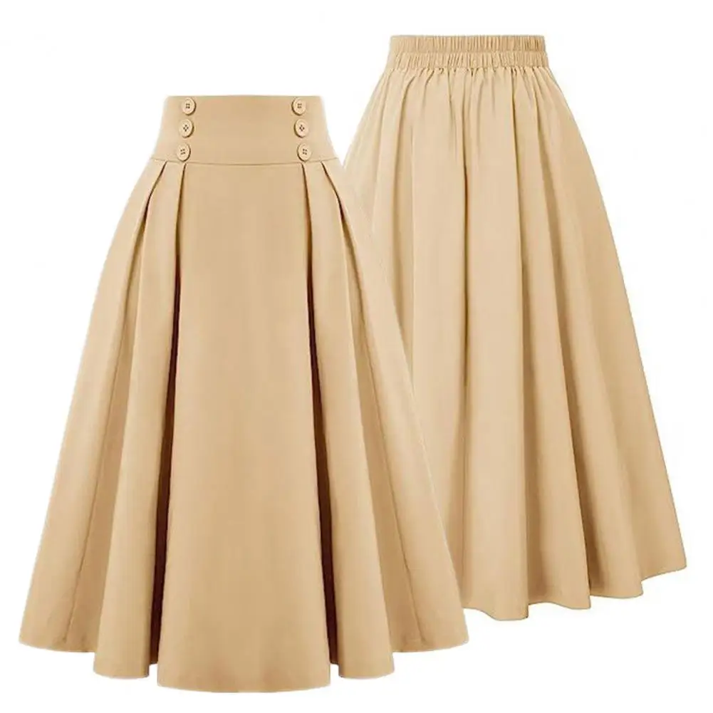 

Women Skirt High Waist A-line Midi Skirt Buttoned Office Lady Workwear with Pockets Solid Color Casual Elegance for Women