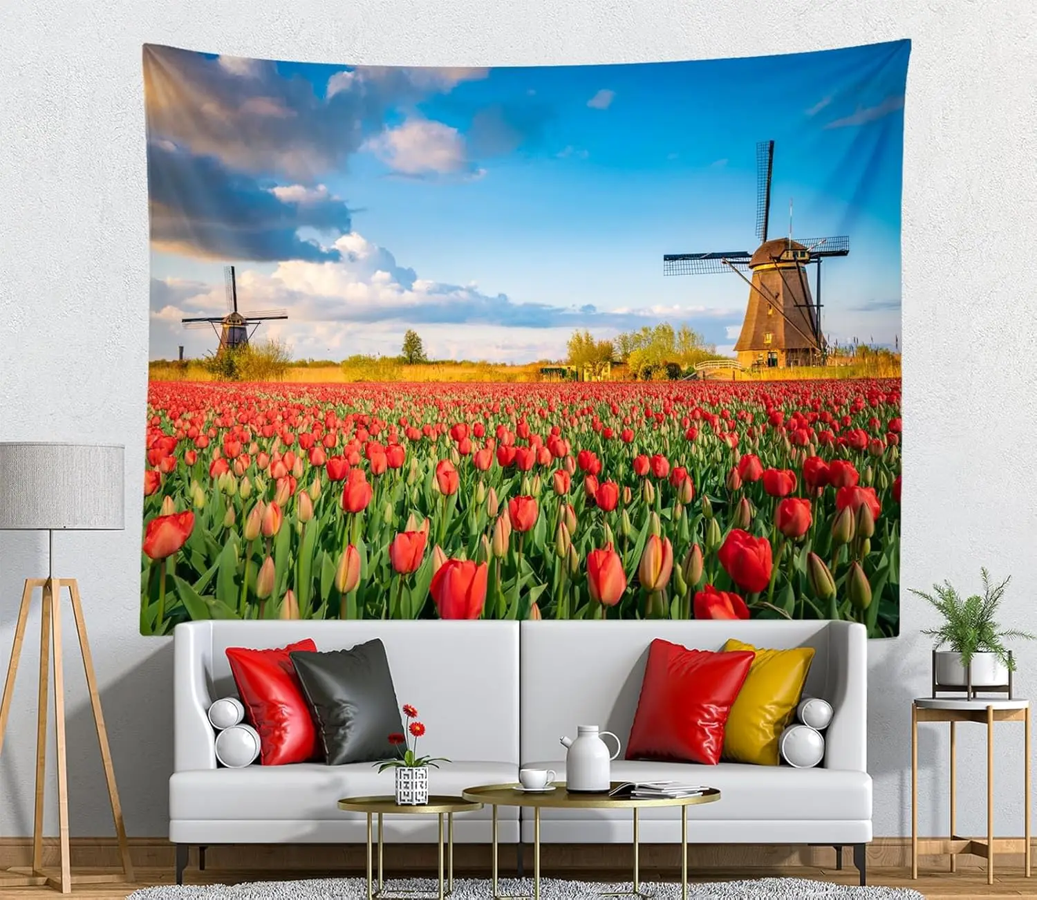 

Loccor Очаровательные Нідерланды Пейзаж Гобелен 60 x 50 дюймов Голландский Голландия Красочные цветы тюльпана Поле Ветряные мельницы Настенный подвесной для Wed