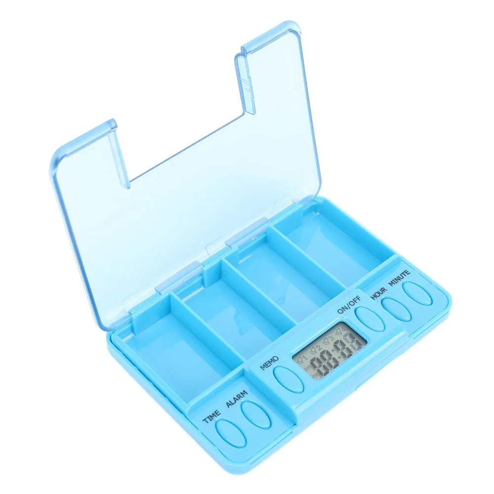

Portable Smart Medication Reminder Box 4 Compartments Blue Electronic Medicine Dispenser White Timed Alarm