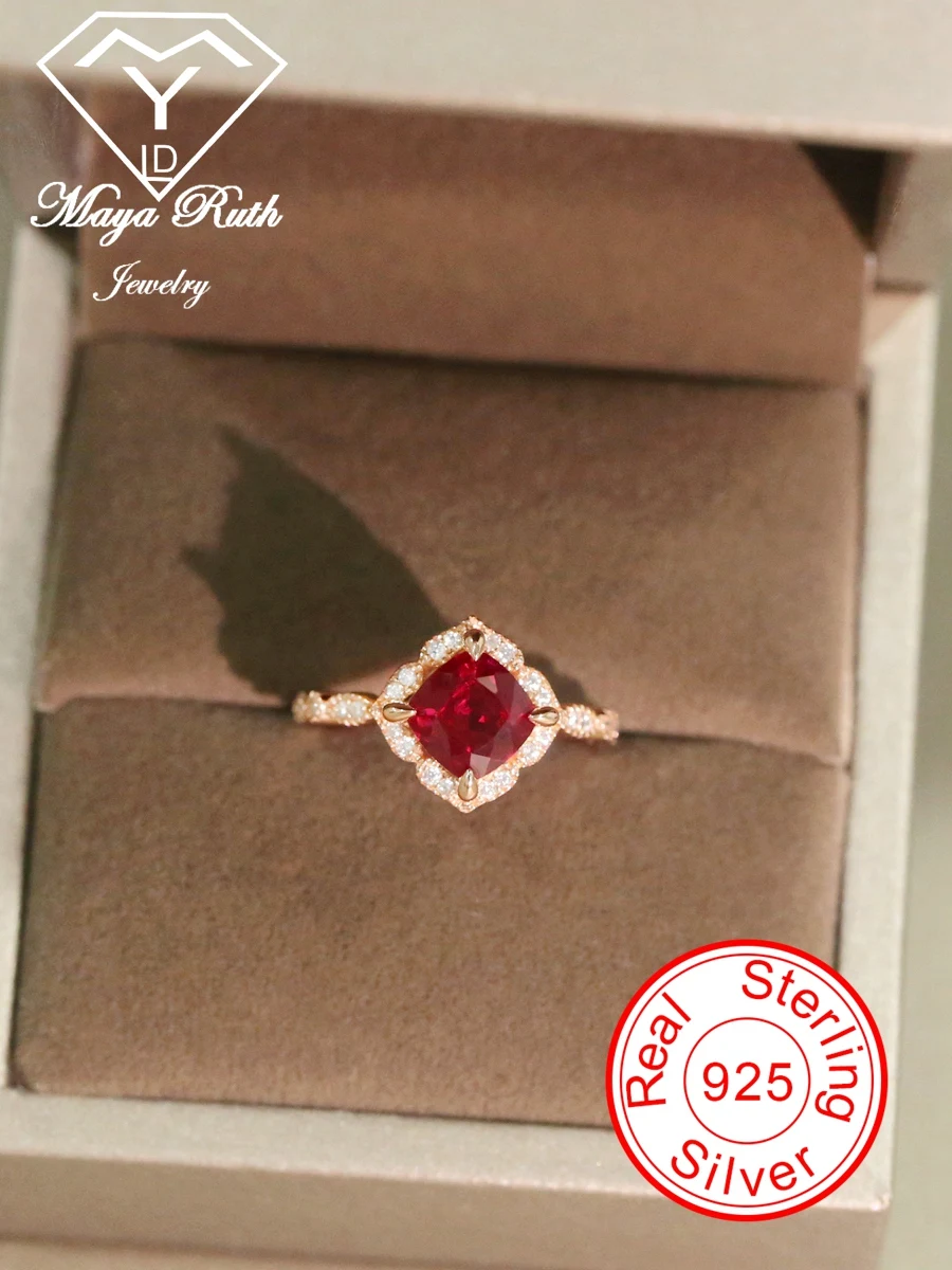 

Lab Created Ruby Real 925 Sterling Silver Retro Vintage Aesthetic Ring For Women Rose Gold Plated Unusual Style 2025 Trend New