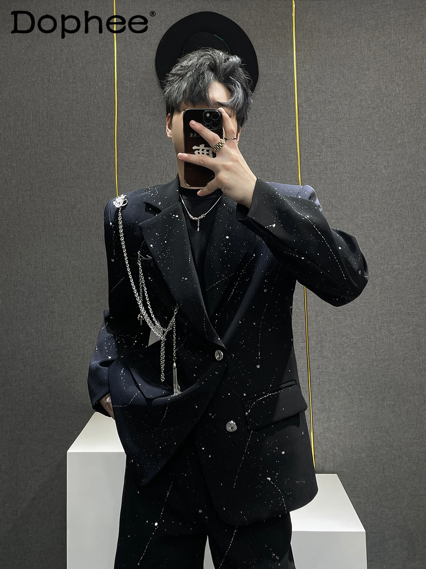 

Korean Version INS Design Sense Chain Decoration Starry Sky Suit Set Light Luxury Handsome Loose Suit Jacket for Men