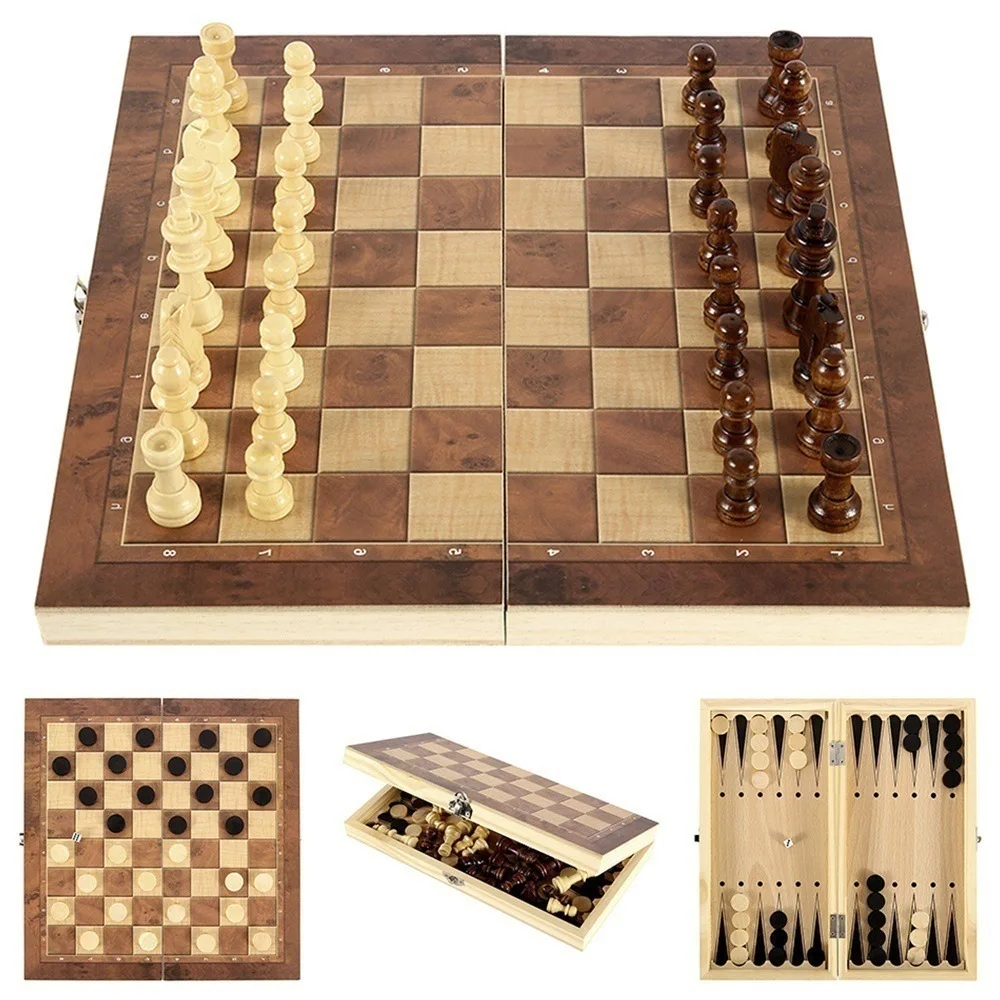 International Chess 3-in-1 Wooden Chess Set Toy Educational Brain Training Folding Board Game for Children High-end Gift