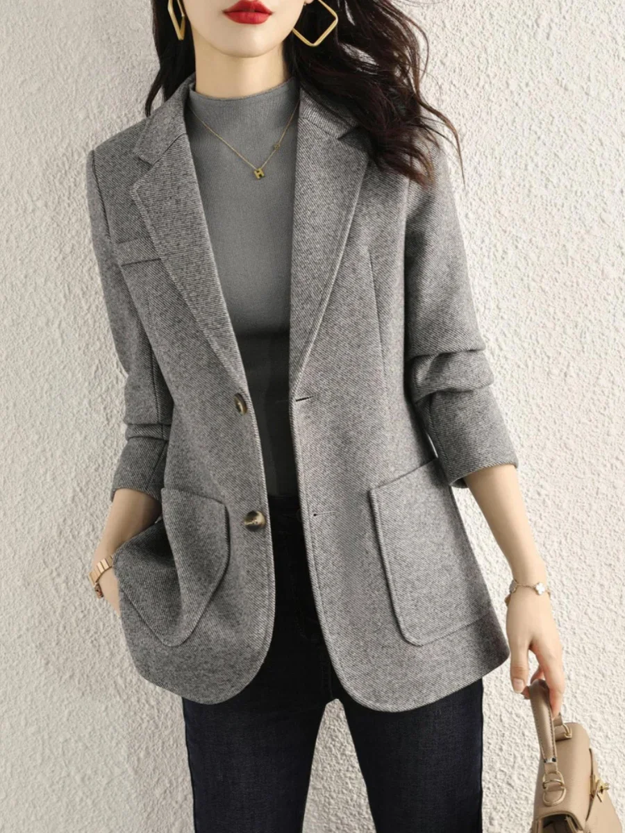 High-end Gray Women's Suit Jacket Autumn and Winter New Thickened Woolen Coat Blazer Single-breasted Solid Office Lady Suit Top