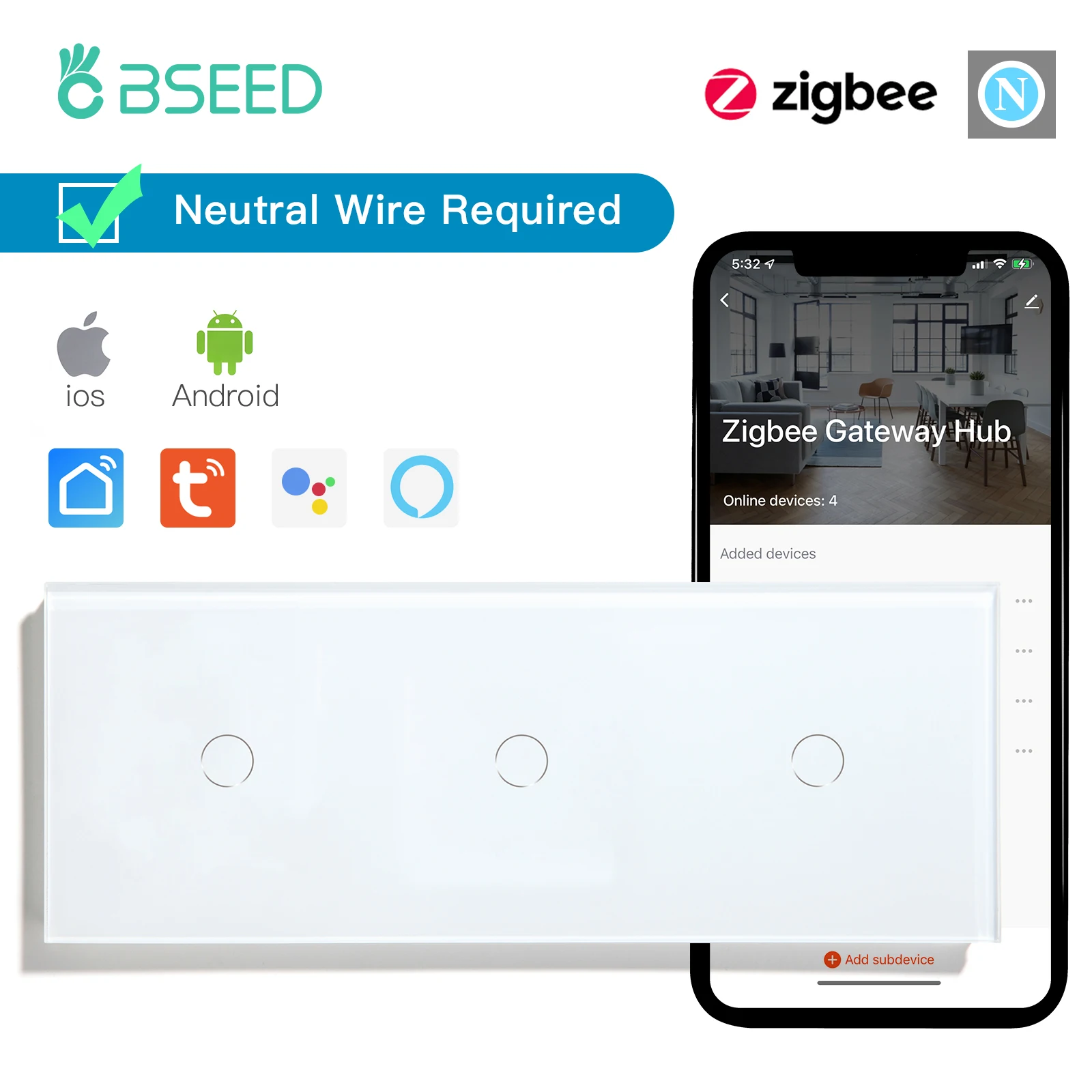 

Bseed Zigbee Smart Switch Triple 3/6/9Gang 2Way Smart Touch Light Switch Remote By Tuya Smart Life Google Home With Neutral