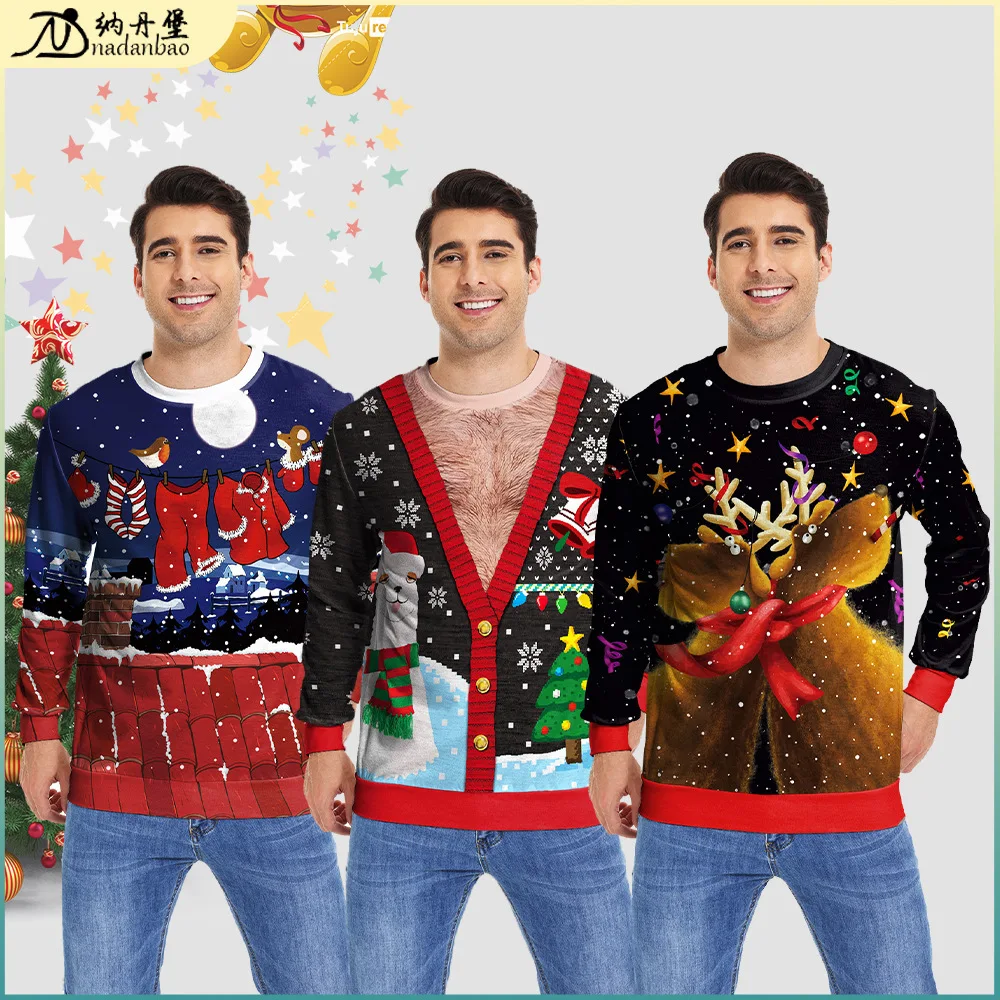 2024 New Round Neck Hoodie With Deer Cartoon Christmas Digital Printing Clothing For Couples