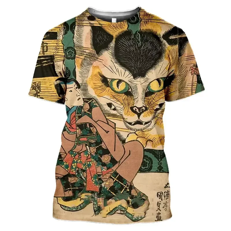 

2026 Japanese Samurai Cat 3D Printed Casual Summer T Shirt for Men Vintage Style Oversized O Neck Fun Hip Hop Loose Fit