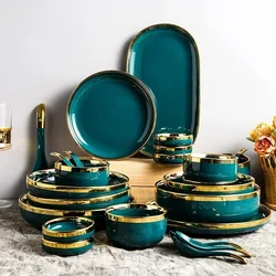 English Style Crockery Vintage Peacock Green 26pcs Dinner Set Dinnerware For Family Party