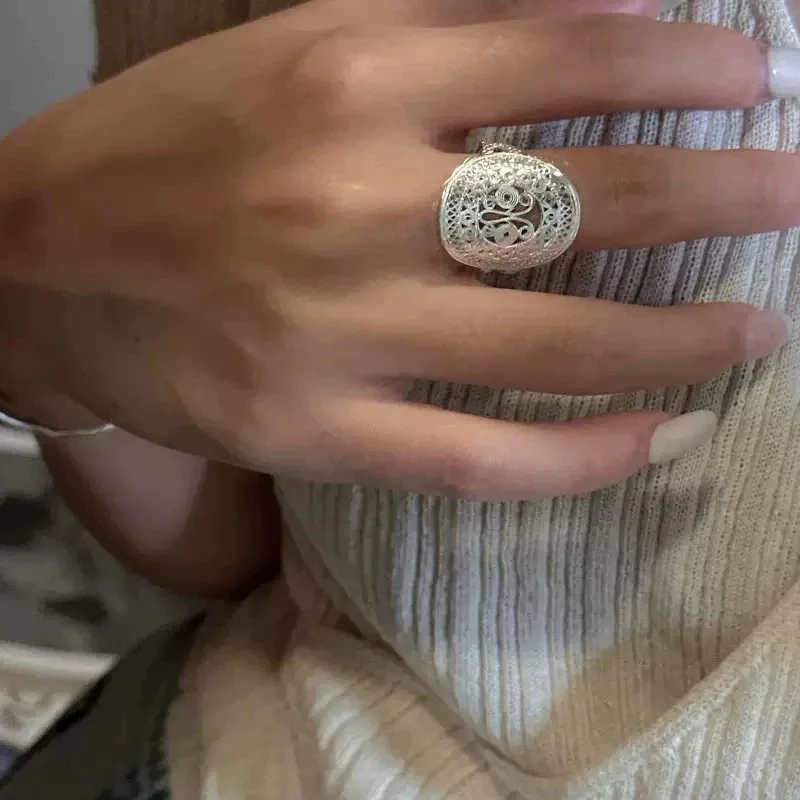 Women's Vintage Handmade Adjustable 925 Sterling Silver Flower Ring
