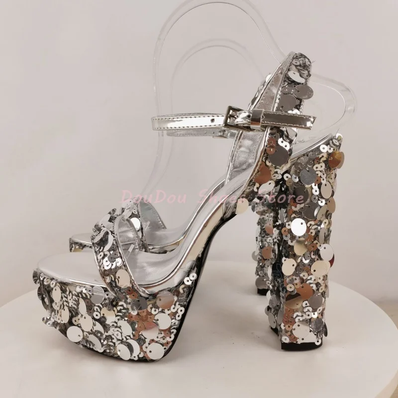 Gold Sequin Ankle Strap Slingback Platform Sandals Women Open Toe One Strap High Heels Summer Luxury Sexy Party Shoe New Arrival