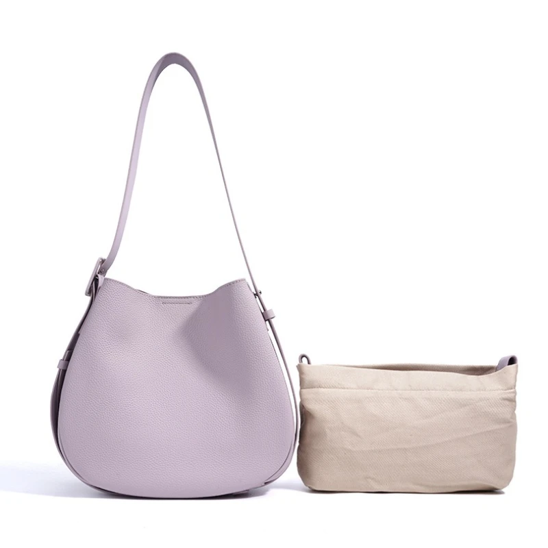 Niche Design Women Wide Strap Shoulder Bags Large Female Genuine Leather Bucket Crossbody Bags High-end Girls Commuter Handbags