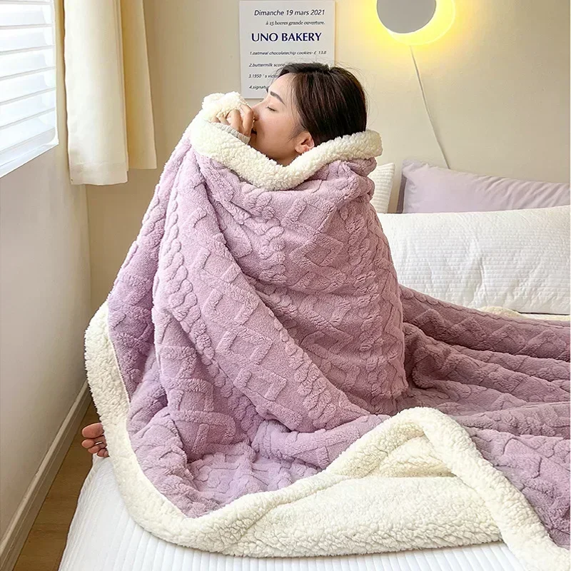 Winter Blanket Lamb Wool Thick Double Side Microfiber Flannel Super Soft Throw Blanket for Bed Comfortable Warm Comforter Double