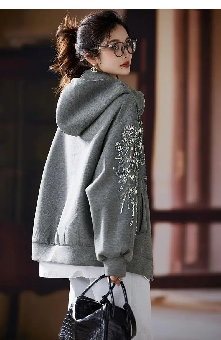 SuperAen Fashion Embroidered Flares Hooded Jacket for Women Spring and Autumn 2025 New Loose Oversize Casual Coats