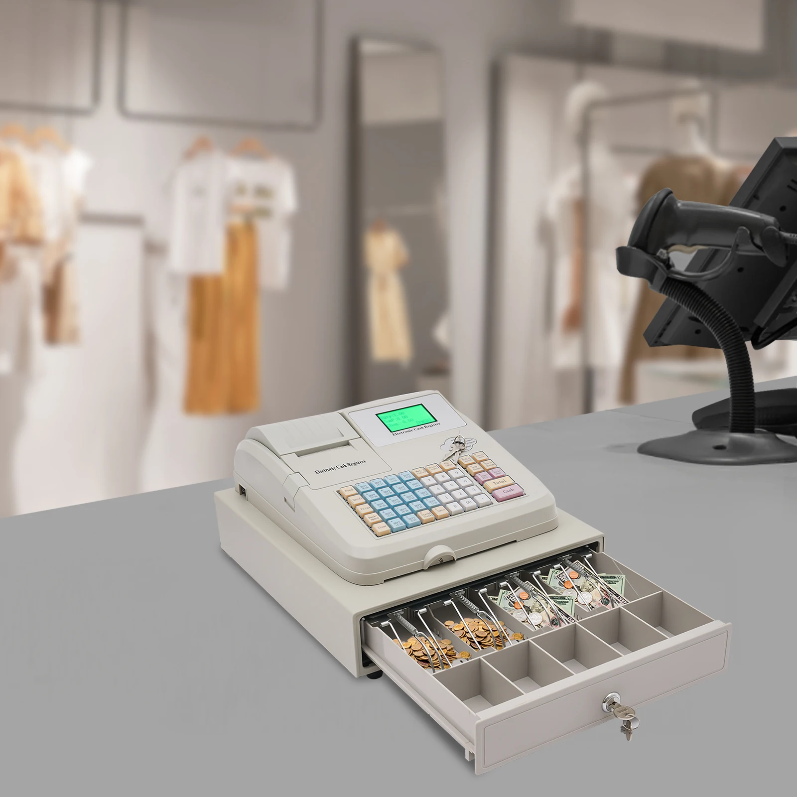Caixa registradora para pequenas empresas, caixa de gaveta de dinheiro com fechadura, 8 display duplo digital, 48 teclas, sistema de varejo pos de supermercado de restaurante