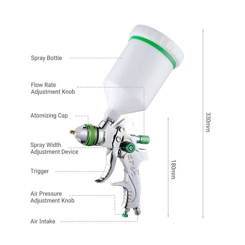 Gravity-Feed HVLP Spray Gun Kit 1.4/1.7/2.0mm Steel Nozzle Adjustable Flow For Automotive Furniture Refinishing & Metal Coating
