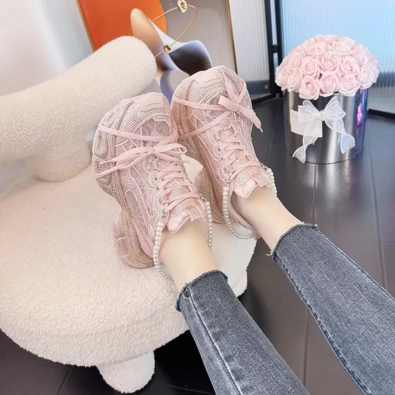 Pink Platform Casual Dad Shoes Rhinestone High Top Sports Shoes Women Vulcanized Lace Up NewCool Style Thick Sole Running Shoes