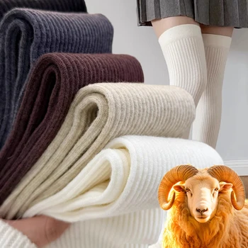 Wollen Sokken Vrouw Herfst/Winter Effen Kleur Dij Hoge Medias Lolita Dikke Warme Kousen Zwart Wit Lange Beensokken voor Dames