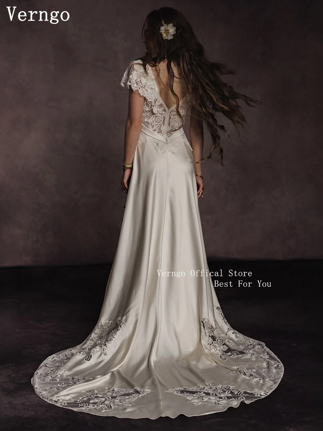 Picture 4: Verngo Luxury Satin Wedding Dress Square Collar A Line Short Sleeves Bridal Gowns Women Elegant Wedding Dress Customized