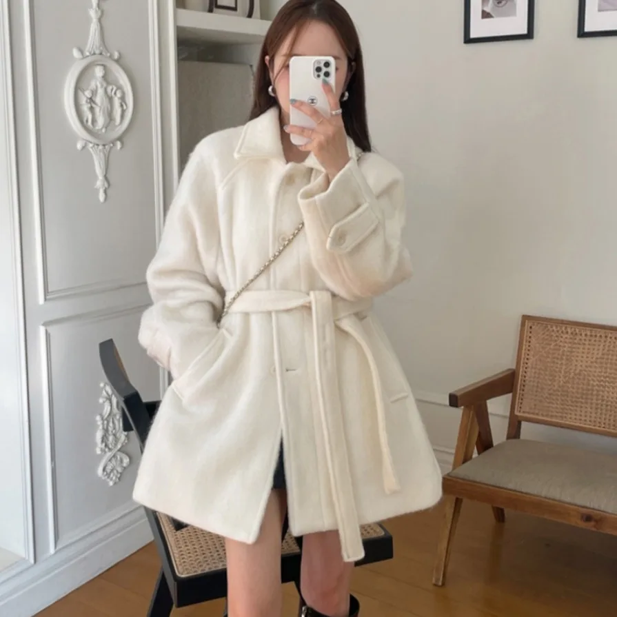 

Thiened Woolen Coat Women's Korean Sle Chic Autumn Winter Sweet Ele High-End Feel Unique Collar Coat for Young Women