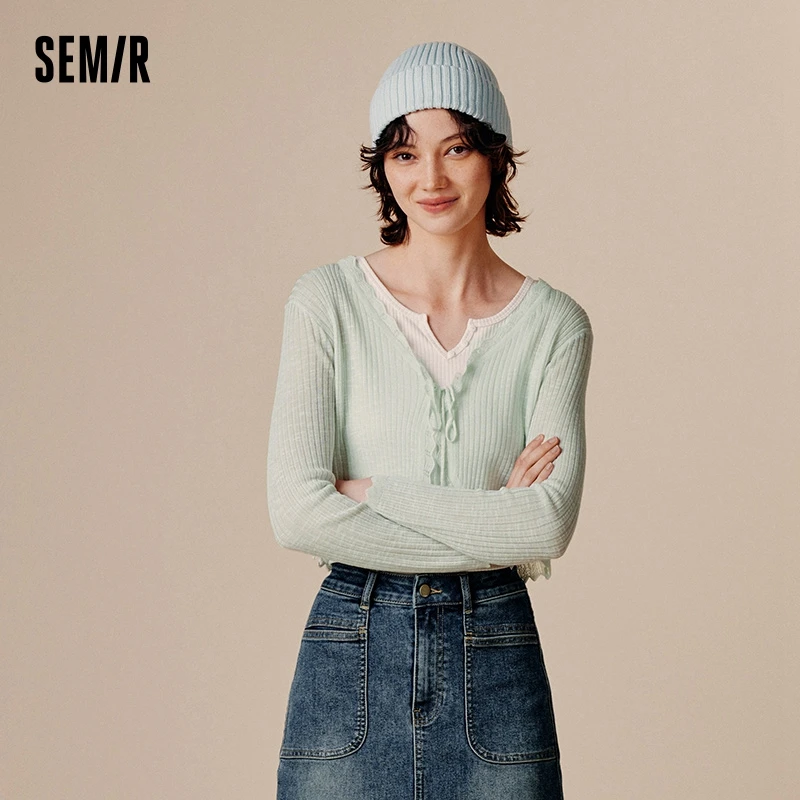 Semir Knit Cardigan Women Short Knit Cardigan Simple Sweet Style 2024 New Autumn V-Neck Slim Fit Top Fresh and Gentle