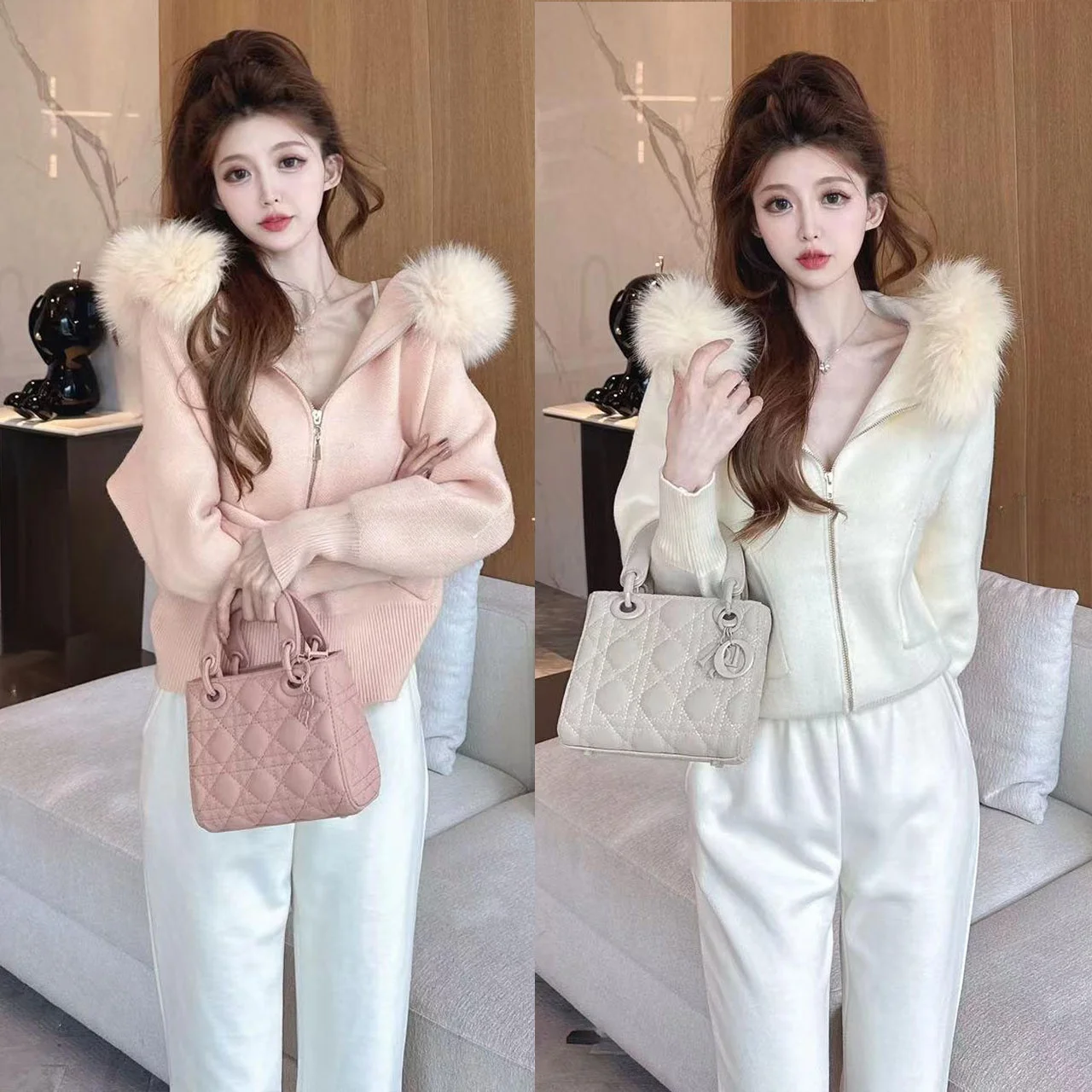 Ladies Thiened Knitted Coat with Fur Collar Spring Autumn New Sle Faionable Slimming Hooded Knitwear Women's Outerwear