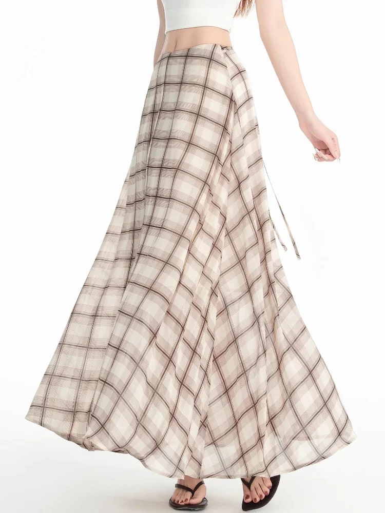 

Шифоновая юбка-миди трапециевидной формы в клетку в стиле ретро, женская праздничная длинная юбка с высокой талией и драпировкой Fi Tail