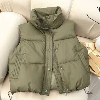Winter Down Cotton Vest Jacket Women's 2025 New Sleevele Stand Parkas Warm Short Vest Coat Female Waistcoat Overcoat Ladies Tops 2