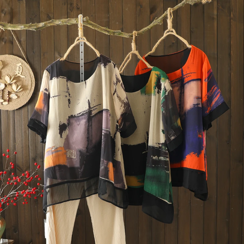 

fiti Print Chiffon T-irt plus Size Women's round Ne ort Sve Lightweight Hidden Meat Loose Overhead Top