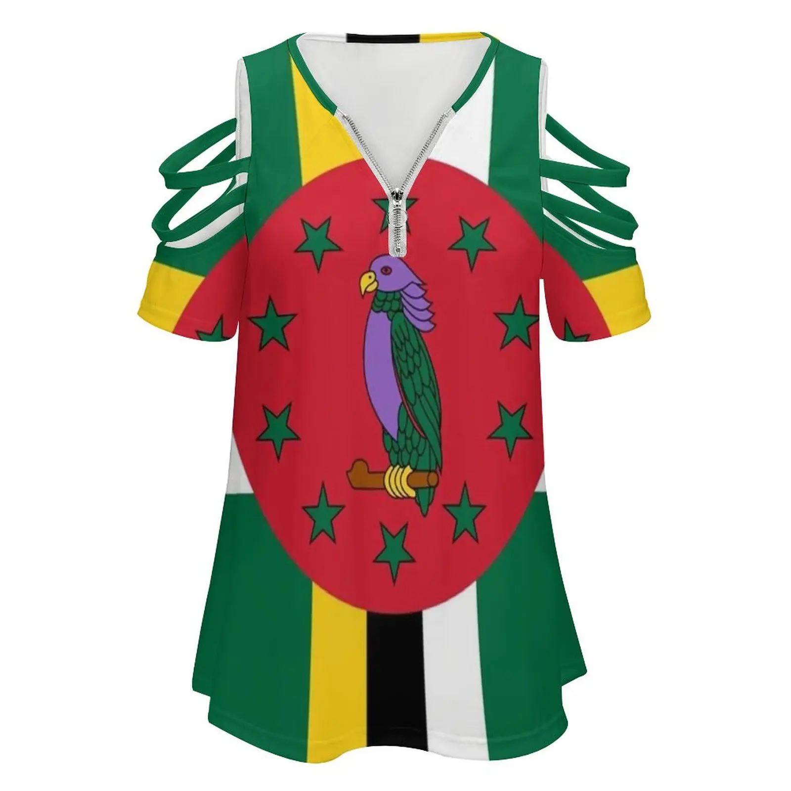 Flag Of Dominica New Fashion Zip Off Shoulder Top Short-Sleeve Women Shirt Flag Of Dominica Dominica