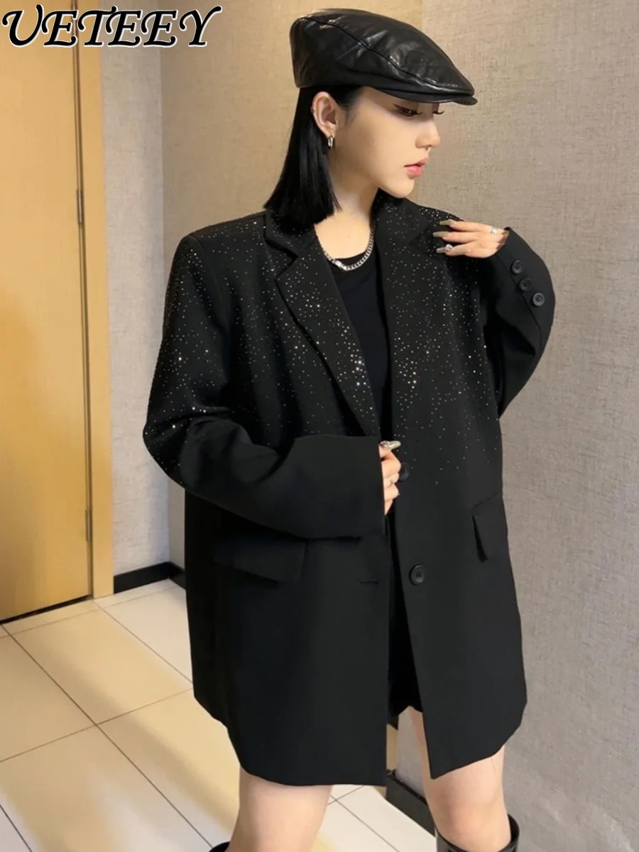 

European Style Black Starry Heavy Rhinestone Blazer for Women Spring Autumn Elegant Socialite Light Luxury Oversized Suit Coat