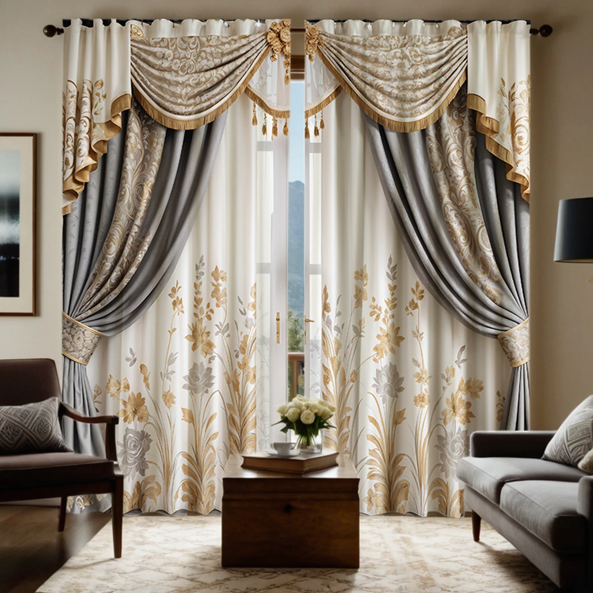 

2 Pieces HD Digital Gray Vintage High-end Floral Curtains Home Decorating Style Decorating Living Room Bedroom Rodding Curtain E