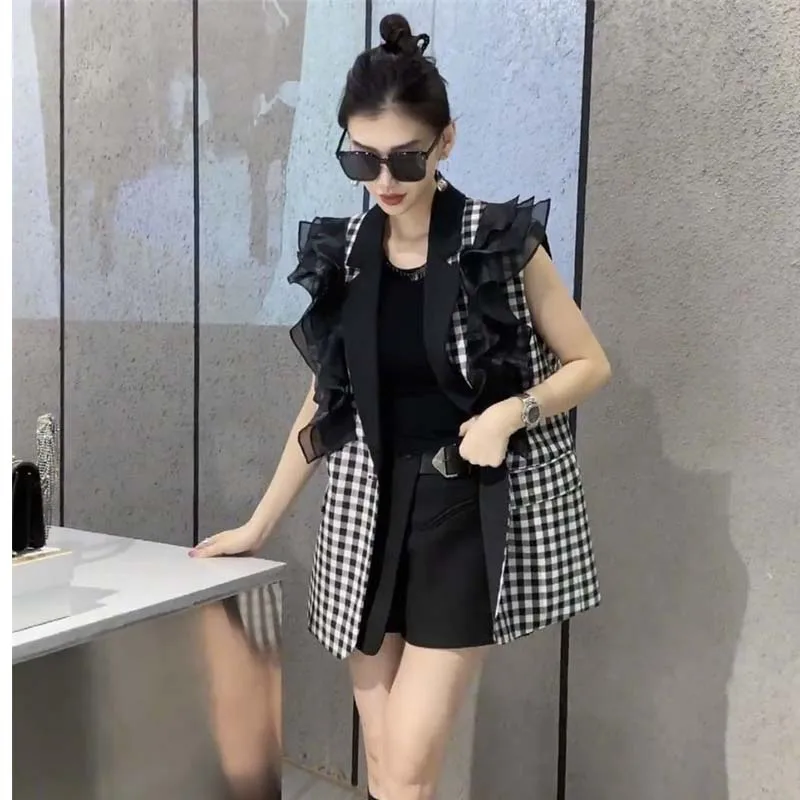 Plaid Suit Vest Female 2024 Spring Contrast Color Collar Temperament Casual Loose Sleeveless Vest Stitching Ruffles