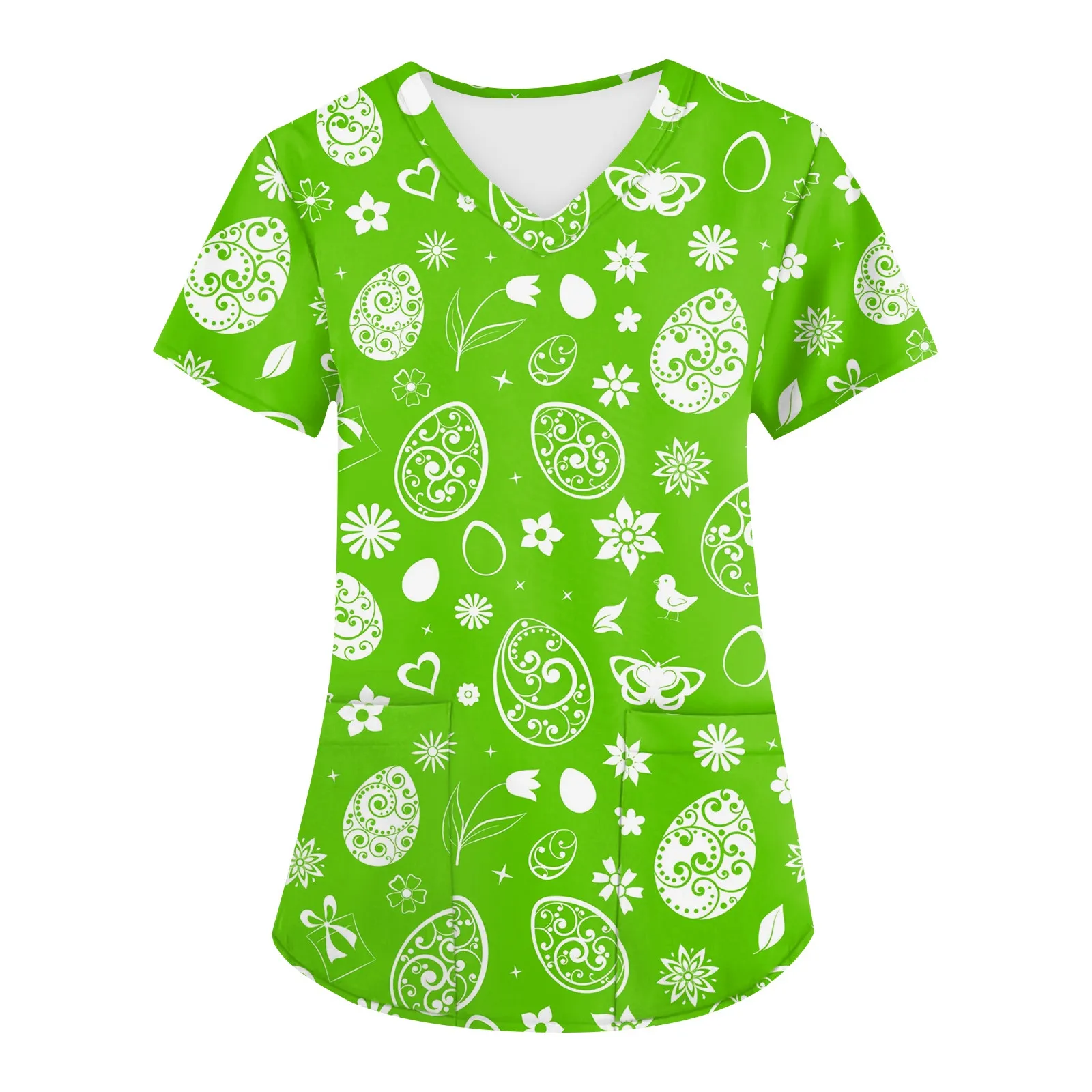 Easter Eggs Print Scrubs Top For Womens Short Sleeve V Neck Nurse Uniform Blouse With Pockets Easter T-Shirt Nursing Working Top