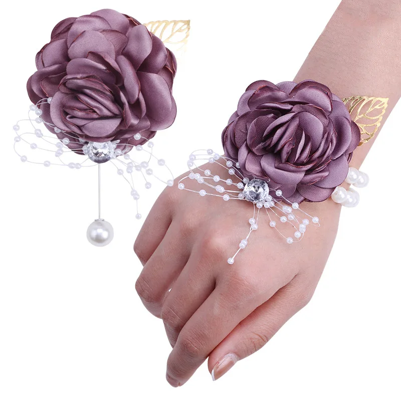 Hot Selling Multicolor Wrist Flowers Bride Groom Wedding Corsage Pearl Bracelet Party Business Brooch Wedding Accessories