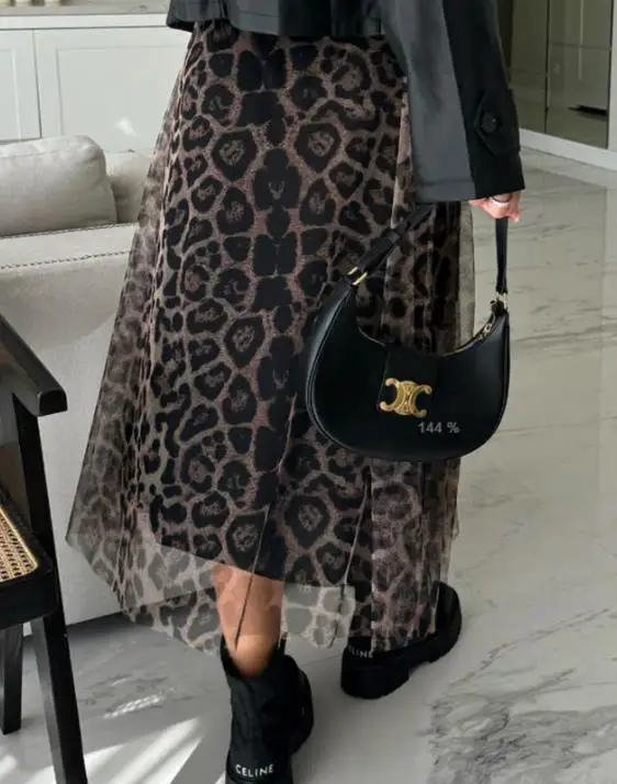 

Skirt for Women 2025 Spring Autumn New Leopard Print Mesh Patchwork High Waist Casual Loose Fit Daily Long Skirt