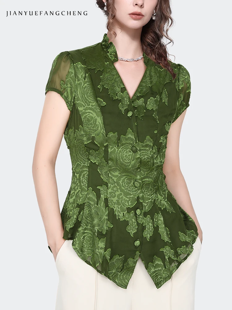 Fashion Embossed Floral Green Chiffon Blouse Women Summer Tops Short Sleeve Ruffled V-Neck Female Vintage Slim Shirts