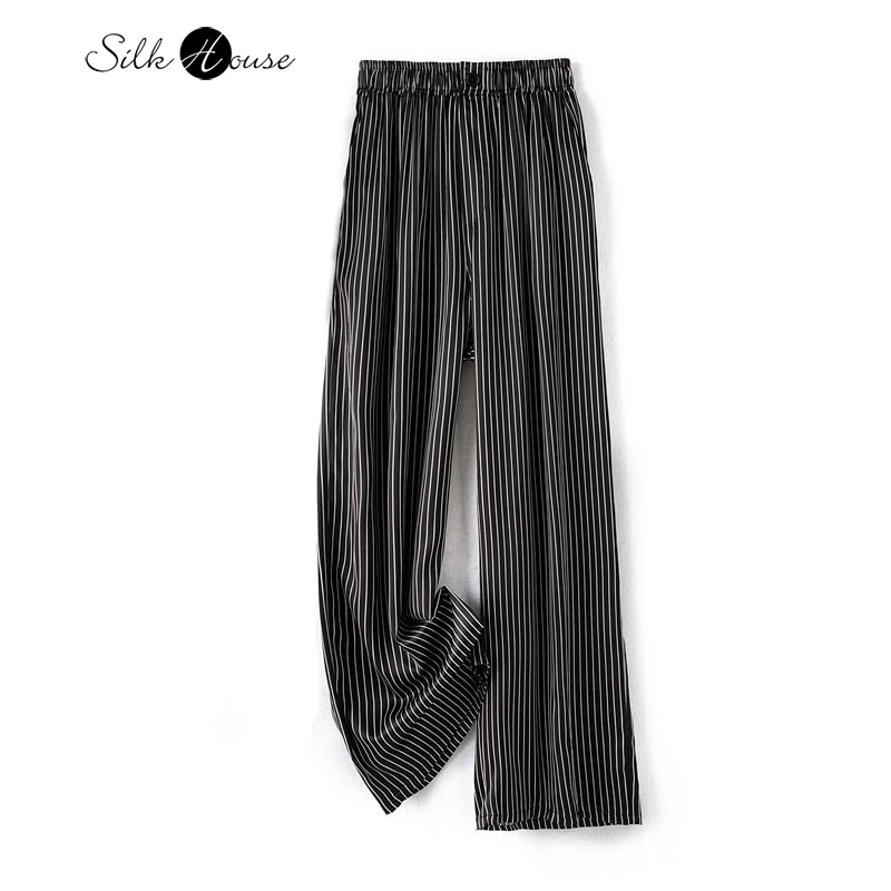 Striped Heavyweight 30MM 93% Natural Mulberry Silk Elastic Satin Women's High Waisted Casual Nine Points Straight Leg Pants